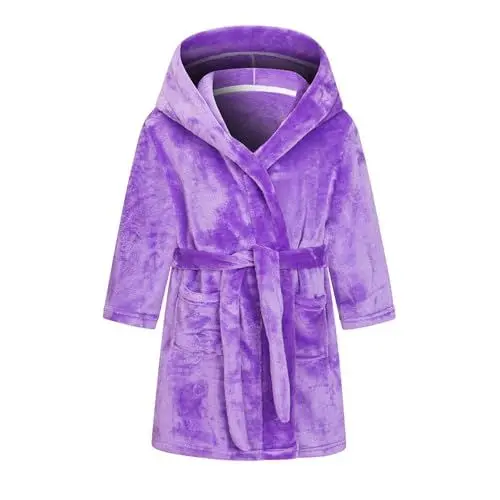 Produktbild: Kinder Bademantel mit Kapuze Flanell Einfarbig Homewear Kinder Nachthemd Pyjama Pyjama Pferde Mädchen (Purple, 3-4 Years)