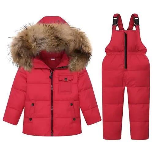 Produktbild: Kinder Bekleidungsset Junge Mädchen Süß Schneeanzug mit Kaputze Daunenjacke + Skihose 2tlg Verdickte Skianzug Winterjacke, Rot 3-4 Jahre