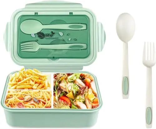 Produktbild: Kinder Bento Boxen Lunchbox 1400ML Grün mit Fächern Auslaufsicher Löffel Gabel 3 Fach für Schule/Arbeit/Picknick Reisen