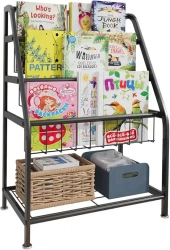 Produktbild: Kinder Bücherregal, Kinderregal mit 3 Ablagen, Spielzeugregal, Aufbewahrungsregal für Kinder, Kinderzimmerregal, Kinderregal für Buchaufbewahrung, Standregal für Kinderzimmer Spielzimmer, Schwarz