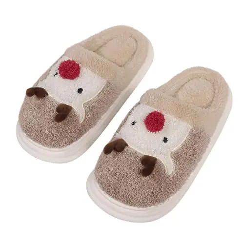 Produktbild: Kinder Hausschuhe Schlappen Herren 46 Cozy Slides Damen Frühling und Winter Home Indoor rutschfeste dicke Sohlen warme süße Cartoon Baumwolle Plüsch Damen Pantoletten Mit FußBett (Khaki, 44)