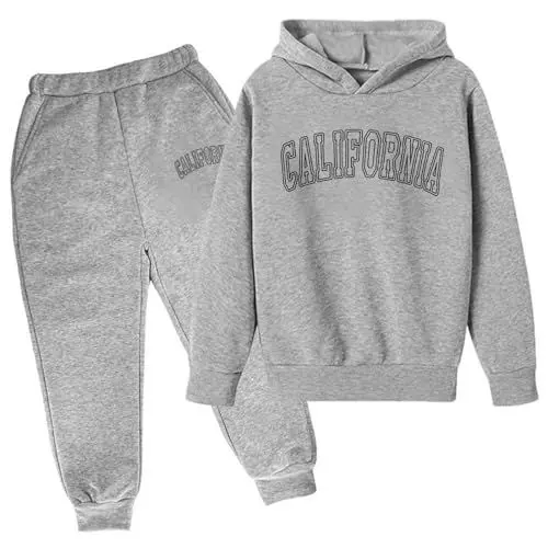 Produktbild: Kinder Hoodie Pullover Sweatshirt Set Gedruckt Langarm Casual Out Wear Beliebte Unterwäsche Kombination 2025 Trendige Jungen Bekleidung (Grau, 13-14 Years)