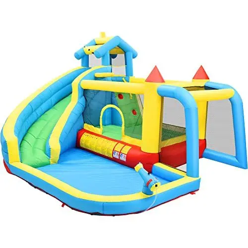Produktbild: Kinder Hüpfburg, 5 in 1 Aufblasbare Hüpfburg für Kinder von 3-10 Jahren, Outdoor Castle Bouncer mit Rutsche Sprungbereich Wasserpool Fußballnetz, Aufblasbare Größe: 364 * 315 * 239cm