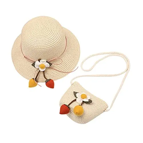Produktbild: Kinder Hut Stroh + Blumenmütze Kinderhut am Strand Kindermütze für Kinder Mütze Schal Handschuhe Set Kinder (Beige, One Size)