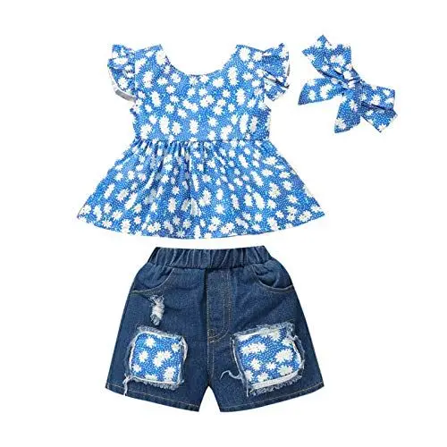 Produktbild: Kinder Kleider Coole Klamotten Für Mädchen Mädchen Jeanim Kleinkinderobers + zerrissene Outsider Kratzer Baby Knopfhose für Mädchen Bustier Mädchen Anziehsachen Für Mädchen Sport (Blue, 1-2 Years)