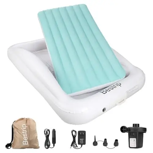 Produktbild: Kinder Luftbett Luftbett für Kinder mit Elektropumpe Rausfallschutz, Abnehmbar 2 in 1 Kinderreisebett Matratze, Aufblasbares Kinderbett mit Tragetasche für Reisen, Camping, 157 x 96 x 30 cm