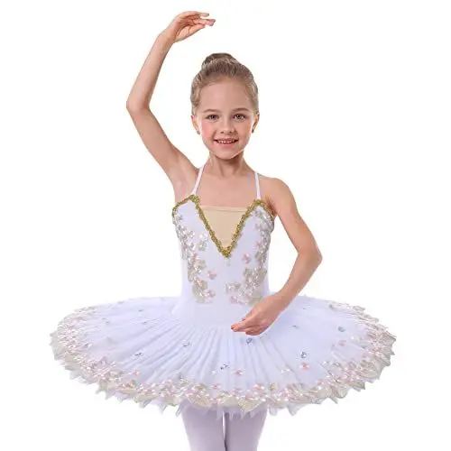 Produktbild: Kinder Mädchen Ballettkleid Ärmelloses Gymnastik Tanztrikot mit Tüllrock Einteilige Ballettanzug Tanzkleidung Gymnastikanzug Mädchen Stickerei Tanzen Performance Kostüm Weiß02 C 9-10 Jahre