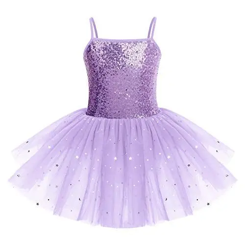 Produktbild: Kinder Mädchen Ballettkleidung Ärmellos Spaghettiträger Pailletten Tanzbody Balletttrikot Balettkleider Turnanzug Tanzkleid Gymnastikanzug Ballettanzug Tüll Tütü Ballerina kleider Violett 9-10 Jahre