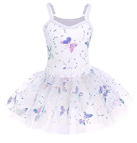 Produktbild: Kinder Mädchen Ballettkleidung Baumwolle Ärmellos Paillette Schmetterling Balletttrikot Turnanzug Tanzbody Top+Wickelrock Tütü Rock Ballettrock Tanzkleid 2tlg Ballettanzug Ballettkleid Weiß 3-4 Jahre