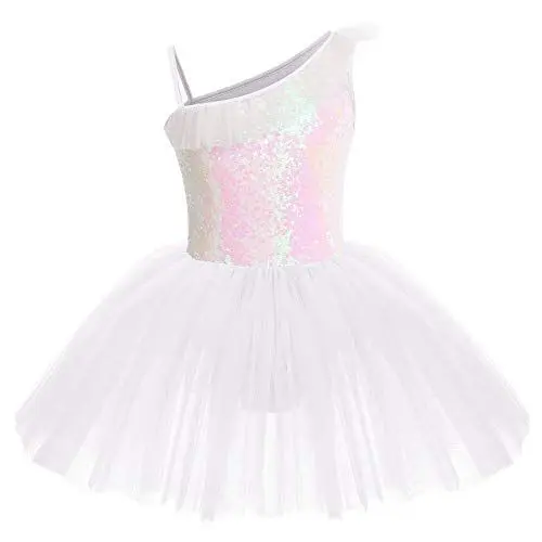 Produktbild: IWEMEK Kinder Ballettkleidung Mädchen Ballettkleid Ärmellos Rüsche Pailletten Balletttrikot Ballettanzug Tanzkleid Tanzbody mit Tütü Rock Ballettrock Gymnastik Tanzbekleidung Weiß 3-4 Jahre