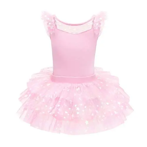 Produktbild: Kinder Mädchen Ballettkleidung Glitzer Stern Rüschen Ärmel Tanzbody Gymnastikanzug Turnanzug+Tüll Tütü Rock Outfit Ballettanzug Balletttrikot Balettkleider Tanzkleid Ballerina Kleider Rosa 7-8 Jahre