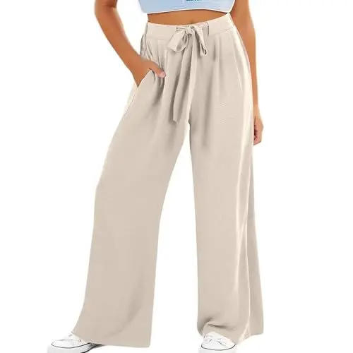 Produktbild: Kinder Mädchen Hose Mit weitem Bein Sommerhose Elastische Taille lässige Hose Mit Taschen Hohe Taille Strand-Palazzo-Hose Lange Sommerhose Elegant Weites Bein Hosen (Beige, 12-13 Years)