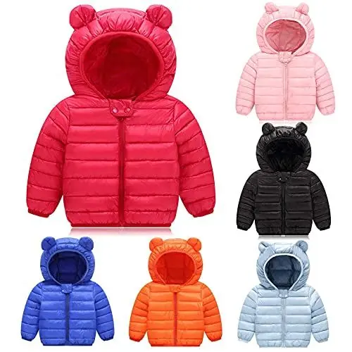 Produktbild: Kinder Mantel Einfarbig Bärenohr Kapuze Daunenjacke Baby Jungen Mädchen Langarm Dicker Winddichter Winterjacke Mantel Hoody Windbreaker Zipper Tops Wadded Coat Padded Outwear Kapuzenmantel