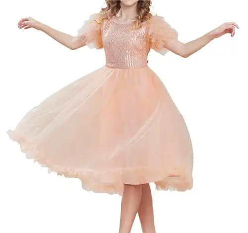 Produktbild: Kinder Pailletten Gittergewebe Kleid A Linien Kleider Rundhalsausschnitt Kurzarm Party Kleid Roségold 8 Jahre