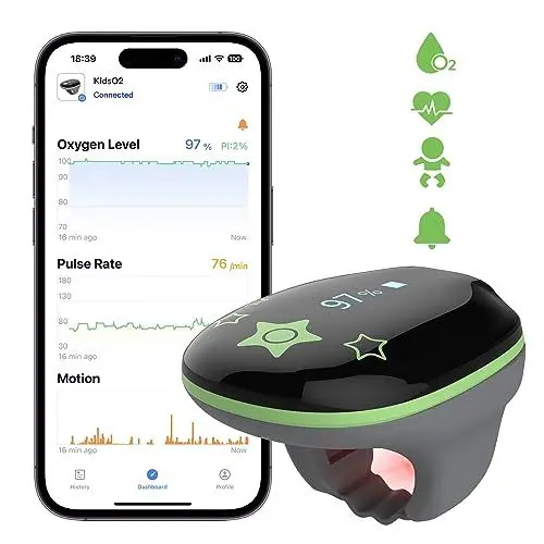 Produktbild: Kinder Pulsoximeter, Pädiatrisches Wearable Health Monitor KidsO2 Ring für Kinder, Tragbarer Bluetooth Kinder Schlaf Monitor Health Tracker mit APP&PC Bericht, Geschenk für Jungen Mädchen