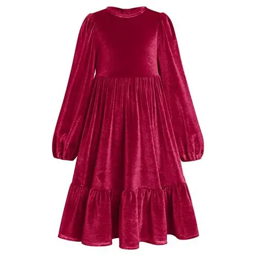 Produktbild: Kinder Samtkleid Blumenm?dchen Langes Abendkleider M?dchen Weihnachtskleid Weihnachten Partykleid Roundhals A-Linie Festliches Festkleid Hochzeit Brautjungfern Freizeit Herbstkleid Rot 7-8 Jahre