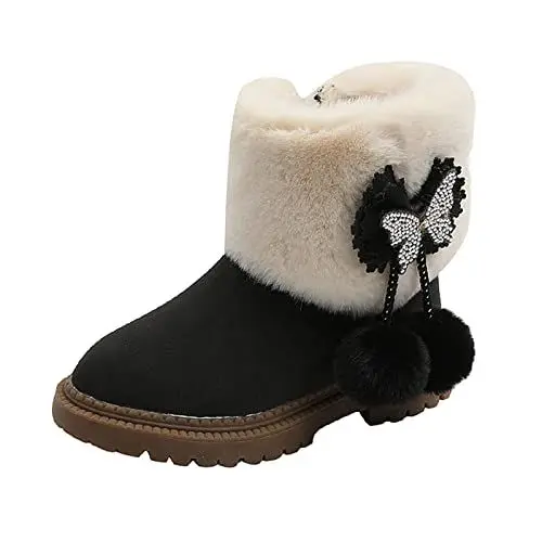 Produktbild: Kinder Stiefel Warm Gefütterte Schneestiefel Mode und Winter Mädchen Schneestiefel dicker rutschfest warm einfarbig Strass Schleife Reißverschluss Boots Kinderstiefel Stiefel (Black 33 Big Kids)