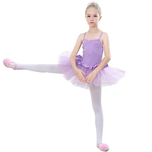 Produktbild: Kinder Tanzkleid Mädchen Trikot Tutu Ballettkleid Ballerina Gymnastikanzug Tüllrock Ärmellos Spaghettiträger Turnanzug Schleifen Tanzbody Knopf Schritt Eiskunstlauf Ballettkleidung Violett 8-9 Jahre