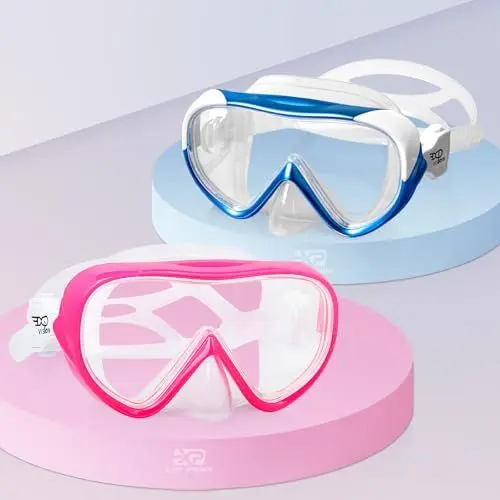 Produktbild: Kinder Taucherbrille 180° Panorama Kind Schnorchelmaske, Anti Nebel Tauchmaske gehärtetes Glas Schwimmmaske Junge Silikon Tauchermaske Mädchen Schwimmbrille mit Nasenabdeckung 4-16 (Rosa+Blau 2pcs)