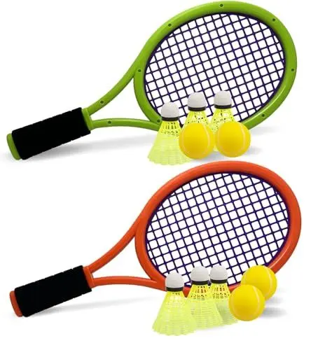 Produktbild: Kinder Tennisschläger mit Tragetasche,4 weiche Trainingsbälle und 6 Badminton Birdies,Tennisschläger Geschenkset für Kinder Outdoor Indoor Sport (Dunkelorangegrün)