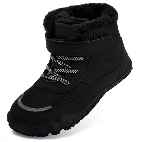 Produktbild: Kinder Winter Barfußschuhe Jungen Mädchen Winterschuhe Warme Gefüttert Barfussschuhe Winterstiefel Wanderschuhe Leicht Rutschfest(Schwarz, 35EU)