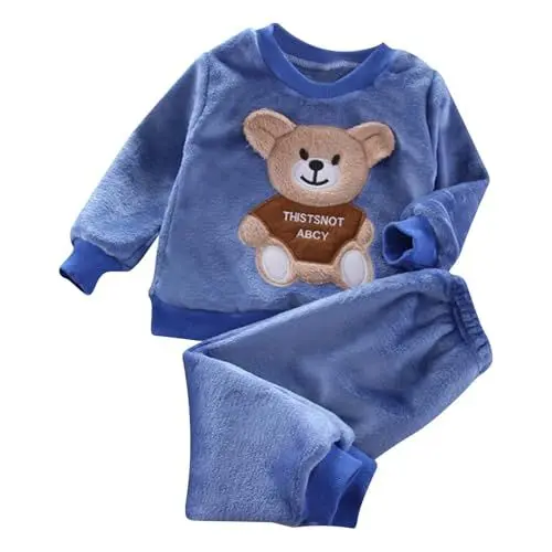 Produktbild: Kinder Winter Flanell Pyjamas Jungen Mädchen Baby Winter Korallen Samt Set Home Verdickte Kleidung Baby Kostüm Mädchen (A-03-Blau, 18-24 Months)