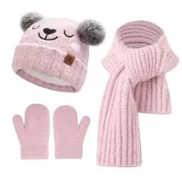 Produktbild: Kinder Winter Mütze Lang Schal Handschuhe Set Pompom Wintermütze Strickmütze Beanie Schals Fäustlinge für 0 6 12 18 Monate Baby Kleinkinder 1 2 3 4 Jahre Mädchen Jungen, Rosa