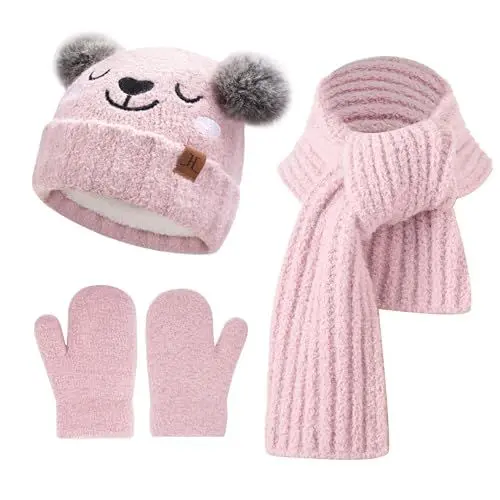Produktbild: Kinder Winter Mütze Lang Schal Handschuhe Set Pompom Wintermütze Strickmütze Beanie Schals Fäustlinge für 0 6 12 18 Monate Baby Kleinkinder 1 2 3 4 Jahre Mädchen Jungen, Rosa
