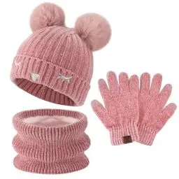 Produktbild: Kinder Winter Warm Pompom Beanie Mütze Schal Schlauchschal und Touchscreen Handschuhe Set mit Fleece Gefüttert für 3-10 Jahre Jungen Mädchen Wintermütze Strickmütze Winterhandschuhe, Rosa