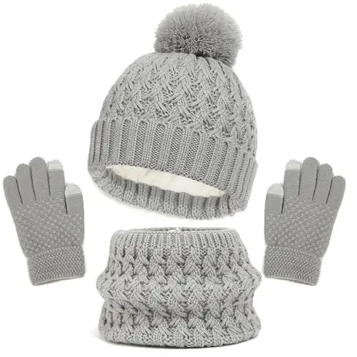 Produktbild: Kinder Strickmütze + Loop Schal + Handschuhe Set, Baumwollmütze Junge Mädchen Weich Kinder Beanie Mütze Nackenwärmer Halsbänder Halstuch Handschuh für Herbst Winter (X-01-Grau, 1-6 Jahre)