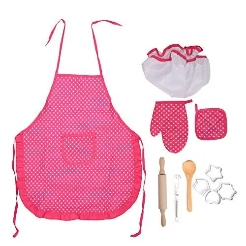 Produktbild: Kinder-Backset, Kinder-Kochspielzeug, enthält Schürze, Schneebesen, Löffel, Nudelholz, Handschuhe, Kuchenmodell, Hut, Topfunterlage, Küchen-Kochspielzeug, Küchen-Rollenspielschürze (Runde Punkte)
