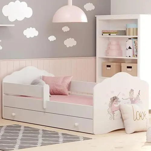 Produktbild: Kinderbett 80x160 cm mit Matratze und Schublade, Lattenrost & Rausfallschutz Bett für Kinder Bett Bed Kinderbett Jugendbett Einzelbett Komplettbett in weiß mit Pferd Motiv | von 3. bis 10. Lebensjahr