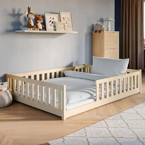 Produktbild: Kids Collective Kinderbett Bodenbett 140x200 cm mit Rausfallschutz & Lattenrost Montessori Bett Bed Gitterbett Kinder Jugendbett Einzelbett | Natur weitere Größen 80x160 | 90x200 | 120x200 cm