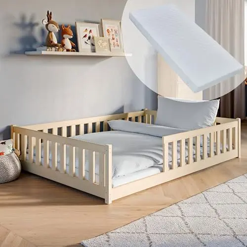 Produktbild: Kinderbett Bodenbett 140x200 cm mit Matratze, Rausfallschutz & Lattenrost Montessori Bett Bed Gitterbett Kinder Jugendbett Einzelbett | natur weitere Größen 80x160 | 90x200 | 120x200 cm