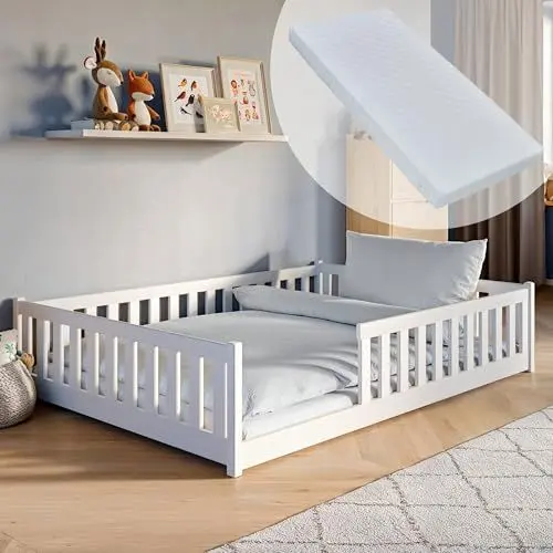 Produktbild: Kinderbett Bodenbett 140x200 cm Bett mit Matratze, Rausfallschutz & Lattenrost Montessori Bett Bed Gitterbett Kinder Jugendbett Einzelbett | weiß Kiefer Holz massiv Junge Mädchen