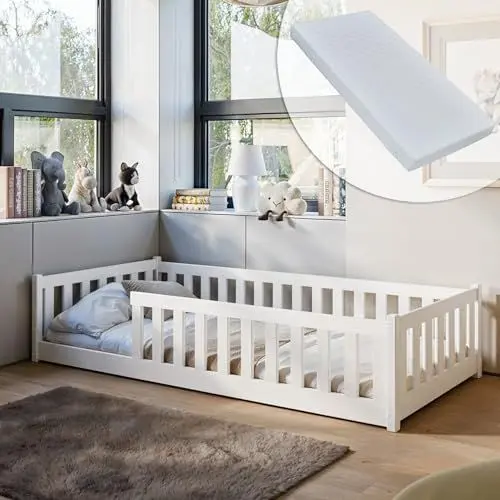 Produktbild: Kinderbett Bodenbett 90x200 cm mit Rausfallschutz, Matratze & Lattenrost Montessori Bett Bed Gitterbett Kinder Jugendbett Einzelbett | weiß weitere Größen 80x160 | 120x200 | 140x200 cm