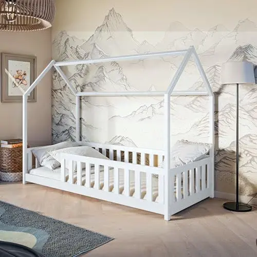 Produktbild: Kinderbett Hausbett Bodenbett 90x200 cm Bett mit Rausfallschutz & Lattenrost Montessori Bett Bed Gitterbett Kinder Jugendbett Einzelbett optional mit Matratze weiß | von 4. bis 18. Lebensjahr