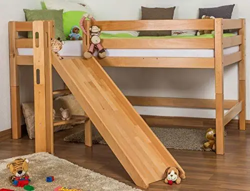 Produktbild: Kinderbett Hochbett Samuel Buche Vollholz massiv mit Rutsche natur inkl. Rollrost - 90 x 200 cm