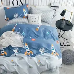 Produktbild: Kinderbettwäsche 135x200 Bettwäsche für Kinder Jungen mit Astronaut und Rakete Muster 100% Baumwolle 80x80cm Kissenbezug mit Reißverschluss 2 teilig Blau