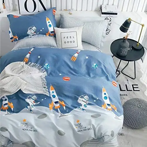 Produktbild: Kinderbettwäsche 135x200 Bettwäsche für Kinder Jungen mit Astronaut und Rakete Muster 100% Baumwolle 80x80cm Kissenbezug mit Reißverschluss 2 teilig Blau