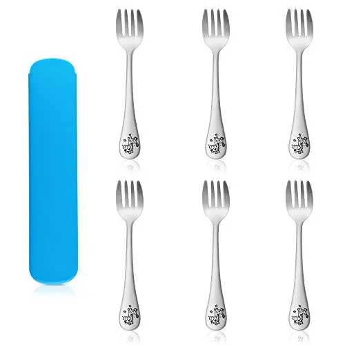 Produktbild: Kindergabel Set, Joyfair 7-teilige Edelstahl Kinderbesteck Gabel mit Reise Etui, Kleinkinder Kinder Besteck Set mit Niedliches Muster für Home/Küche/Outdoor/Schule, Spülmaschinenfest