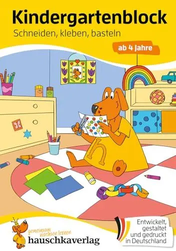 Produktbild: Kindergartenblock ab 4 Jahre - Schneiden, kleben, basteln: Bunter Rätselblock - Sinnvolle Beschäftigung die Spaß macht (Übungshefte & -blöcke für Kindergarten, Vorschule und Einschulung, Band 629)