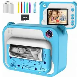 Produktbild: KinderKamera- DigitalKamera Sofortbildkamera Print 1080P 2.4 Zoll Bildschirm Videokamera Schwarzweiß Fotokamera mit 32GB Karte,3 Rollen Druckpapier,5 Farben Pinselstift Geschenk für Kinder 3-12 Jahren