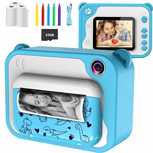 Produktbild: KinderKamera- DigitalKamera Sofortbildkamera Print 1080P 2.4 Zoll Bildschirm Videokamera Schwarzweiß Fotokamera mit 32GB Karte,3 Rollen Druckpapier,5 Farben Pinselstift Geschenk für Kinder 3-12 Jahren