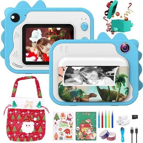 Produktbild: Kinderkamera, 2,4 Zoll Bildschirm 1080P HD Digitalkamera Fotoapparat Kinder mit 32GB Karte,3 Druckpapier, 5 Farben Stift, Weihnachts-Box, Kinderspielzeugab 3 Jahre, Kinder Blau