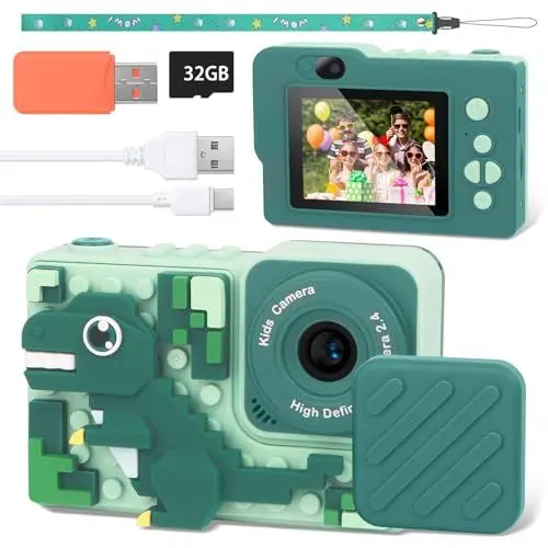 Produktbild: Kinderkamera, HIGSPE Dinosaurier Kamera 1080P 2,4-Zoll-Bildschirm Fotoapparat mit 32GB SD-Karte Selfie Digitalkamera Fotokamera Kinder für 6-12 Jahre Jungen Weihnachten Spielzeug