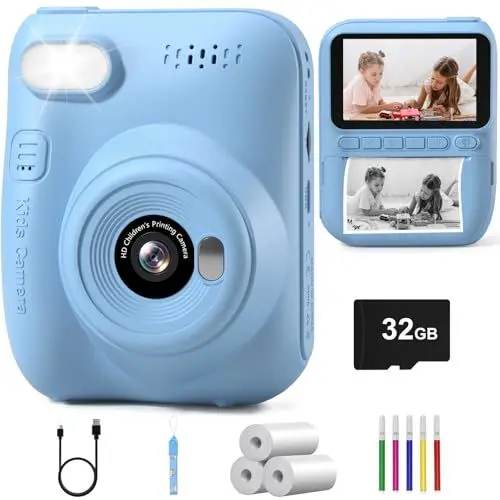Produktbild: Kinderkamera, Hangrui Sofortbildkamera Kinder, 14MP 3,0 Zoll Bildschirm Kinderkamera Sofortbildkamera mit 32G Karte & Druckpapier, Kamera Kinder Sofortdruck mit 5 Farbige Stifte Geschenk für Kinder
