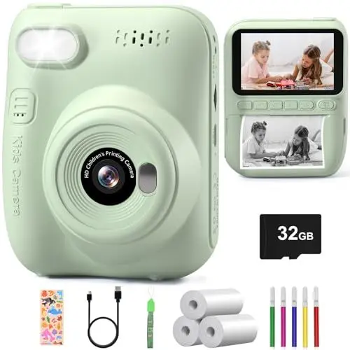 Produktbild: Kinderkamera, Hangrui Sofortbildkamera Kinder, 14MP 3,0 Zoll Bildschirm Kinderkamera Sofortbildkamera mit 32G Karte & Druckpapier, Kamera Kinder Sofortdruck mit 5 Farbige Stifte Geschenk für Kinder