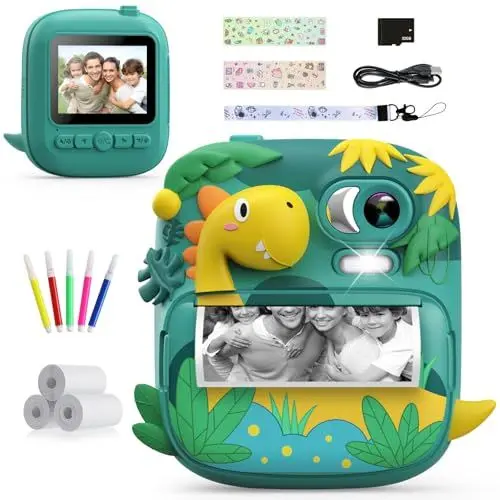 Produktbild: Kinderkamera Sofortbildkamera, CAMCLID 2,4 Zoll Digitalkamera Kinder Dinosaurier Sofortbildkamera mit 32G Karte und 3 Rollen Druckpapier, Geschenke für Jungen und Mädchen 3-12 Jahre