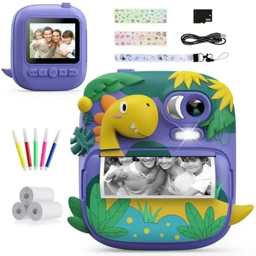 Produktbild: Kinderkamera Sofortbildkamera, CAMCLID 2,4 Zoll Digitalkamera Kinder Dinosaurier Sofortbildkamera mit 32G Karte und 3 Rollen Druckpapier, Geschenke für Jungen und Mädchen 3-12 Jahre